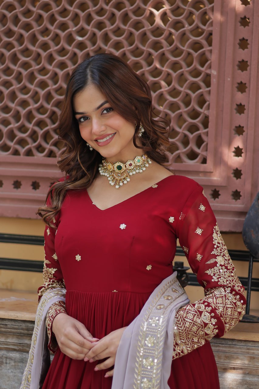 red embroidered gown 