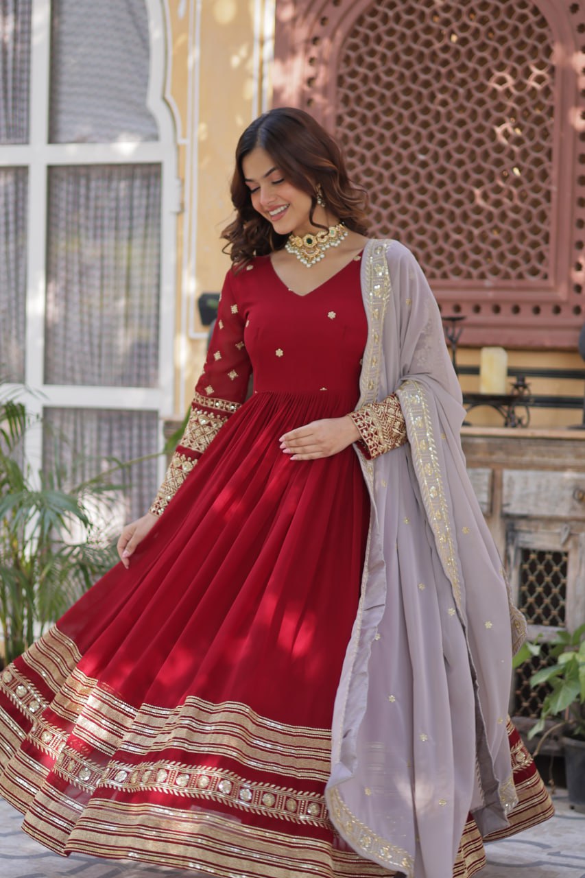 red embroidered gown 