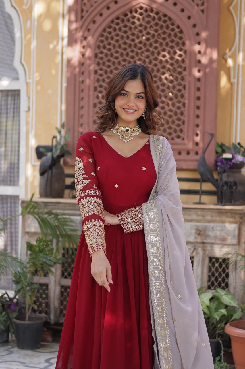 red embroidered gown 