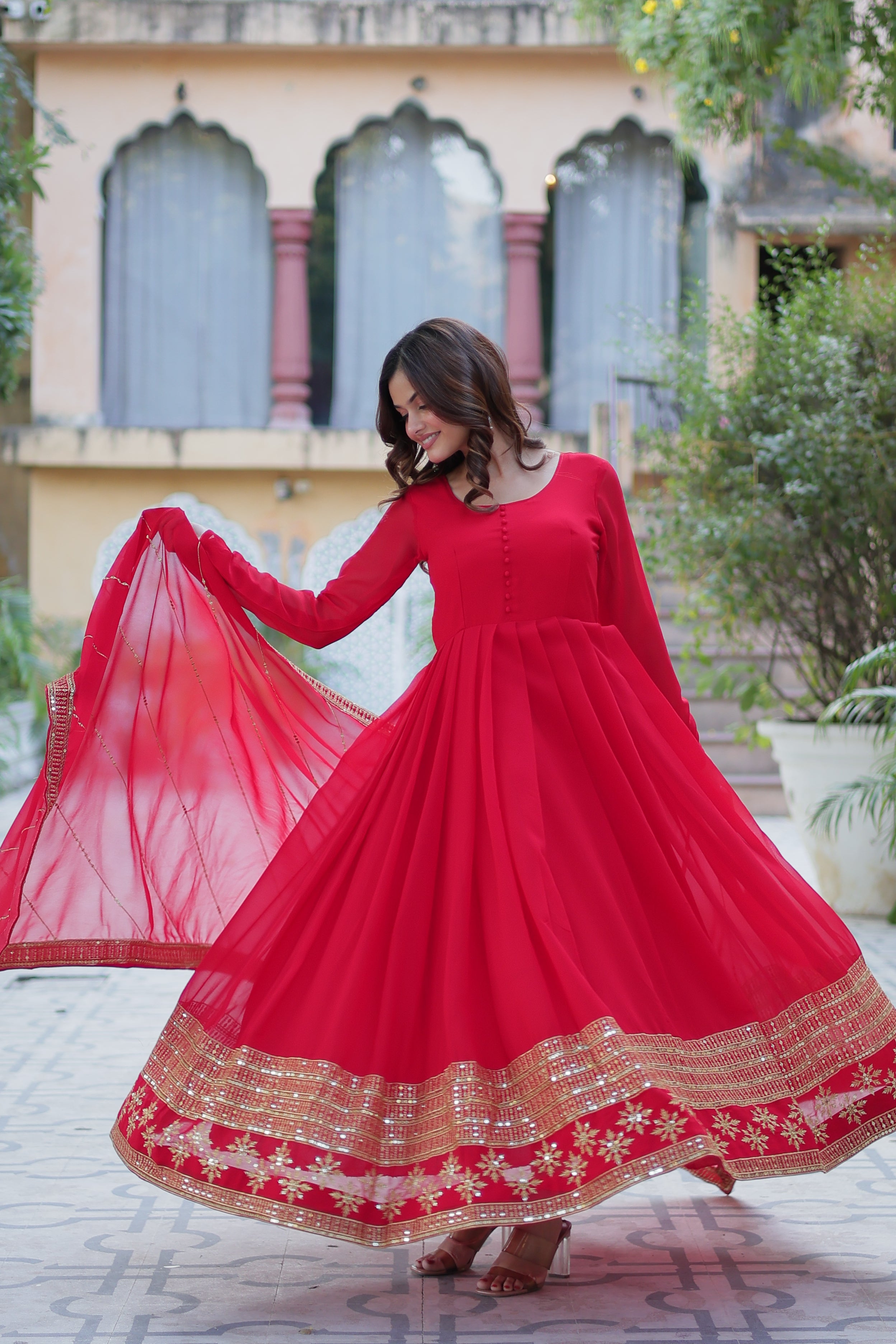 red georgette embroidered gown 