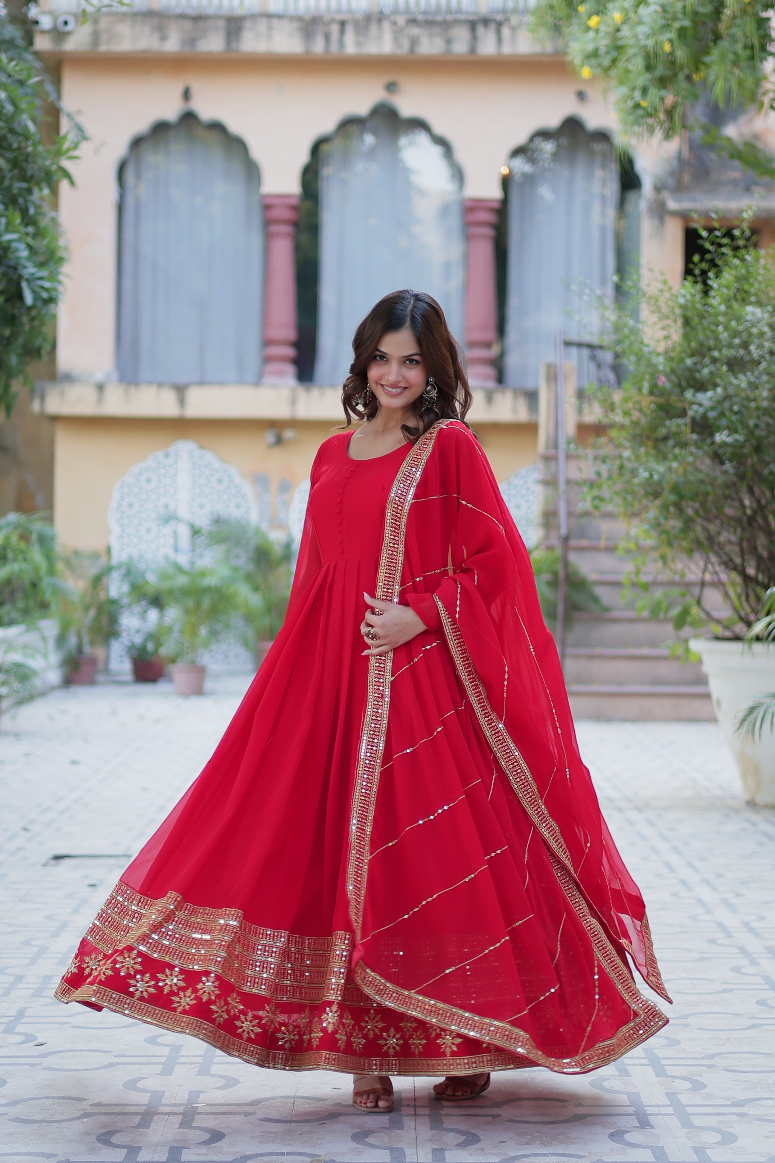 red georgette embroidered gown 