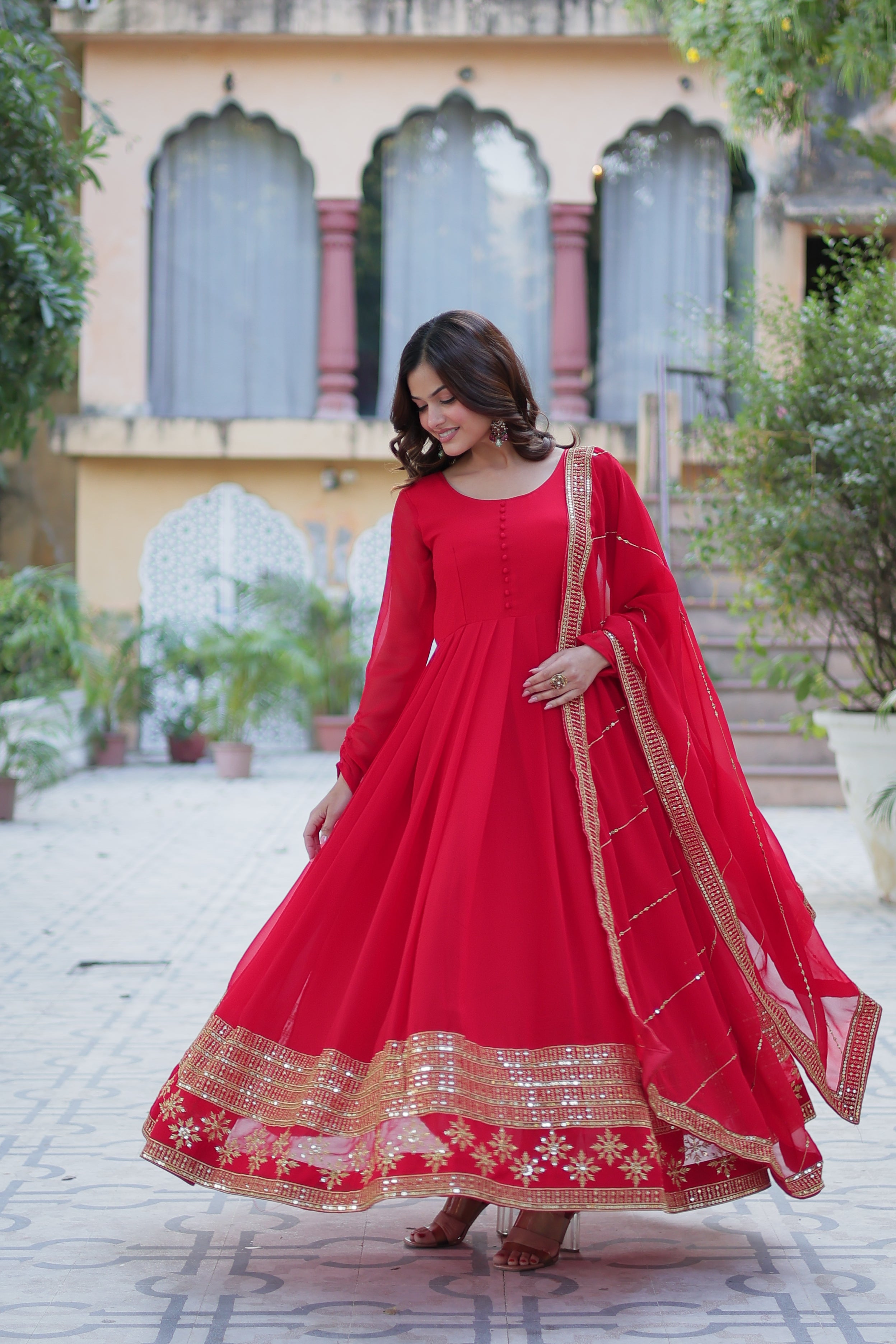 red georgette embroidered gown 