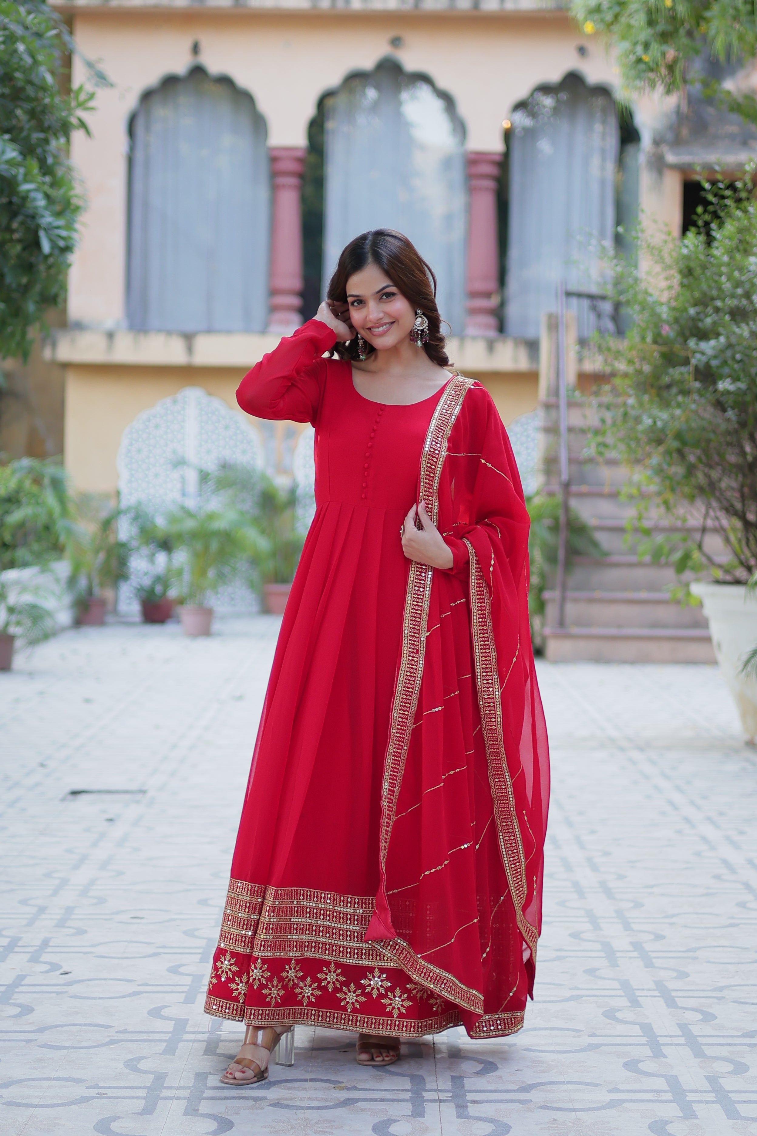 red georgette embroidered gown main
