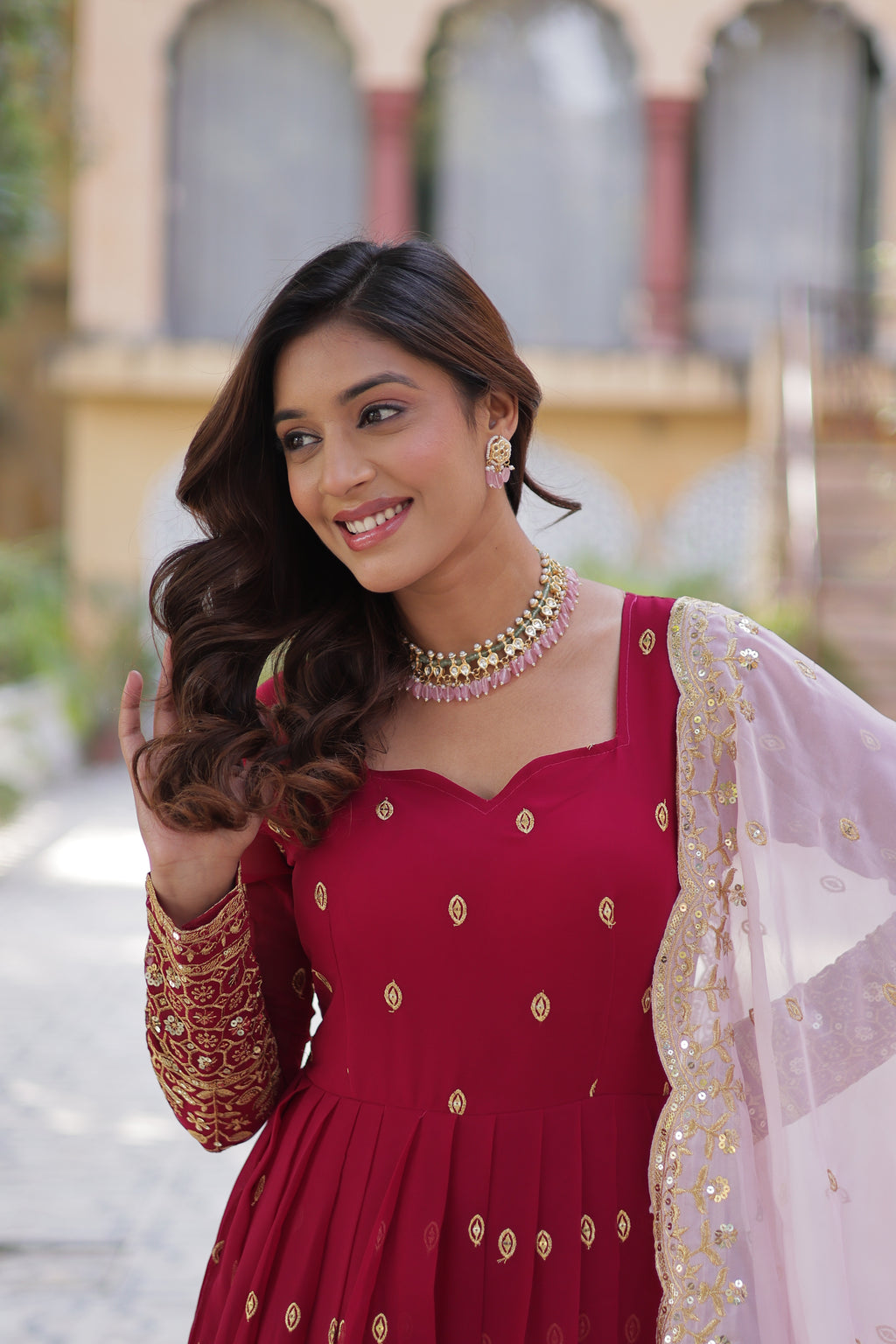 red georgette embroidered gown with dupatta 