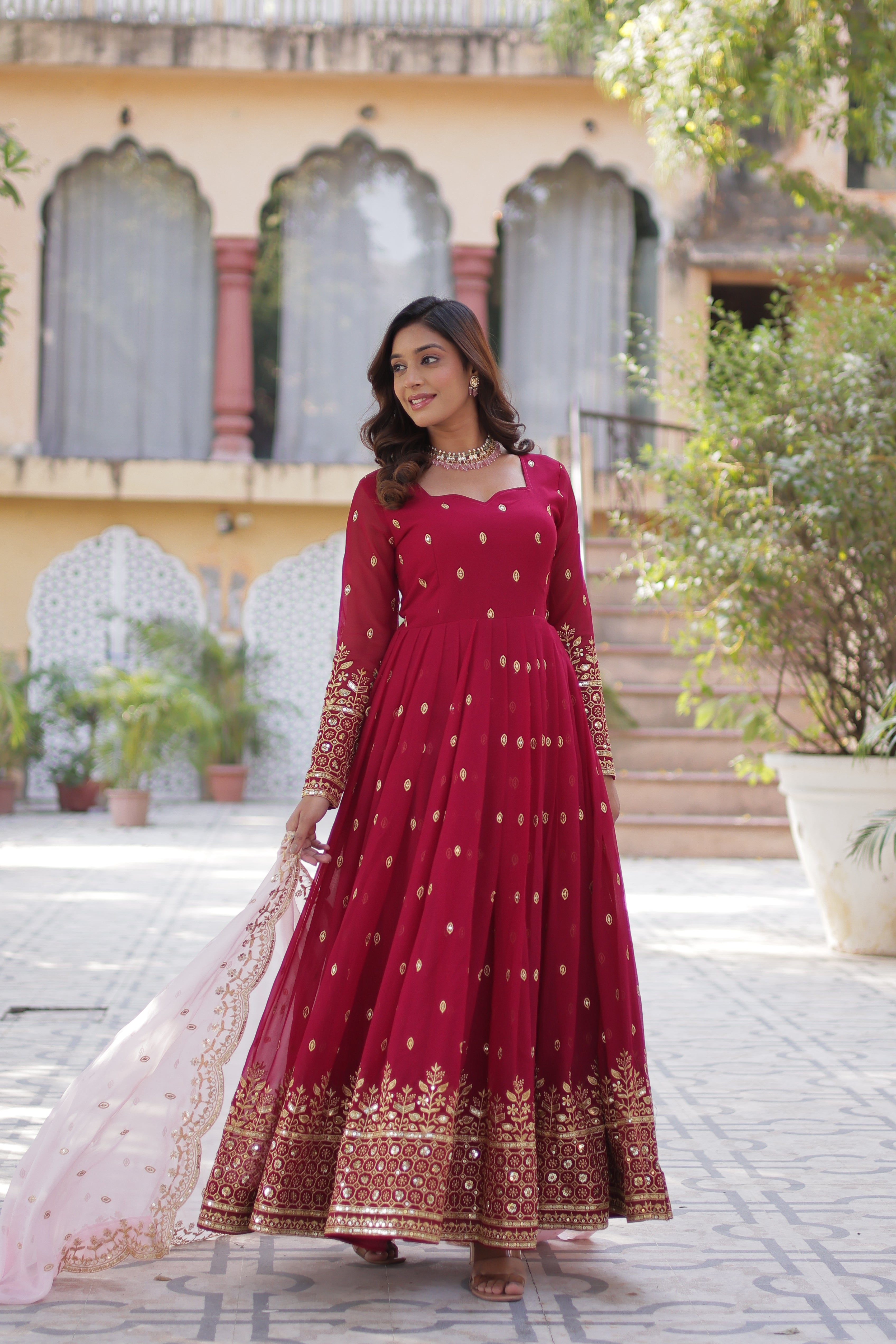 red georgette embroidered gown with dupatta 