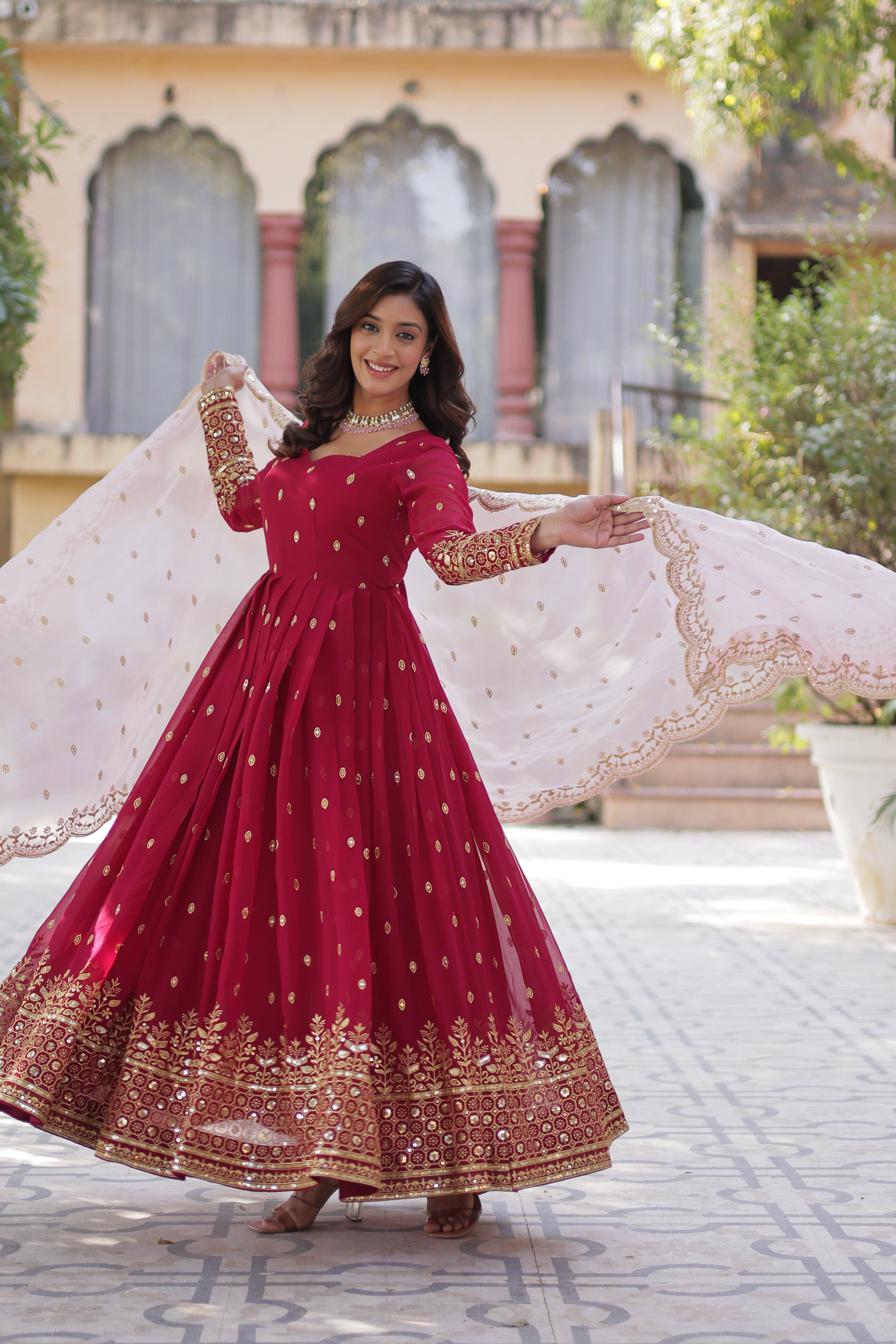 red georgette embroidered gown with dupatta 