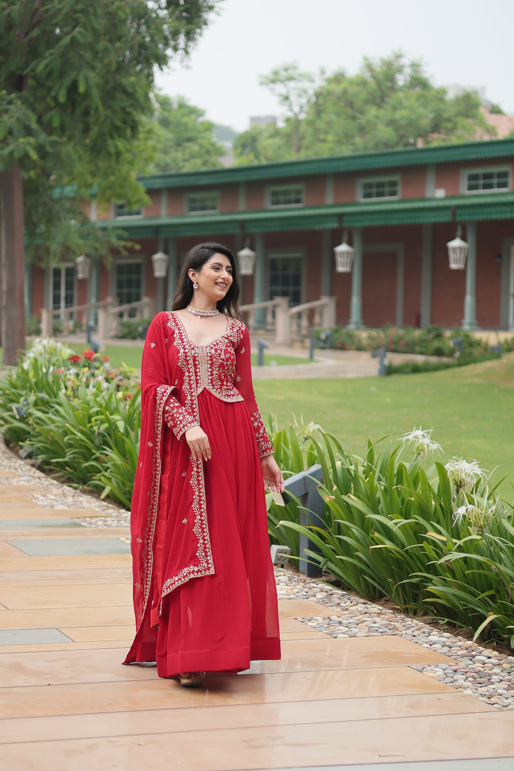 red georgette gown with dupatta 