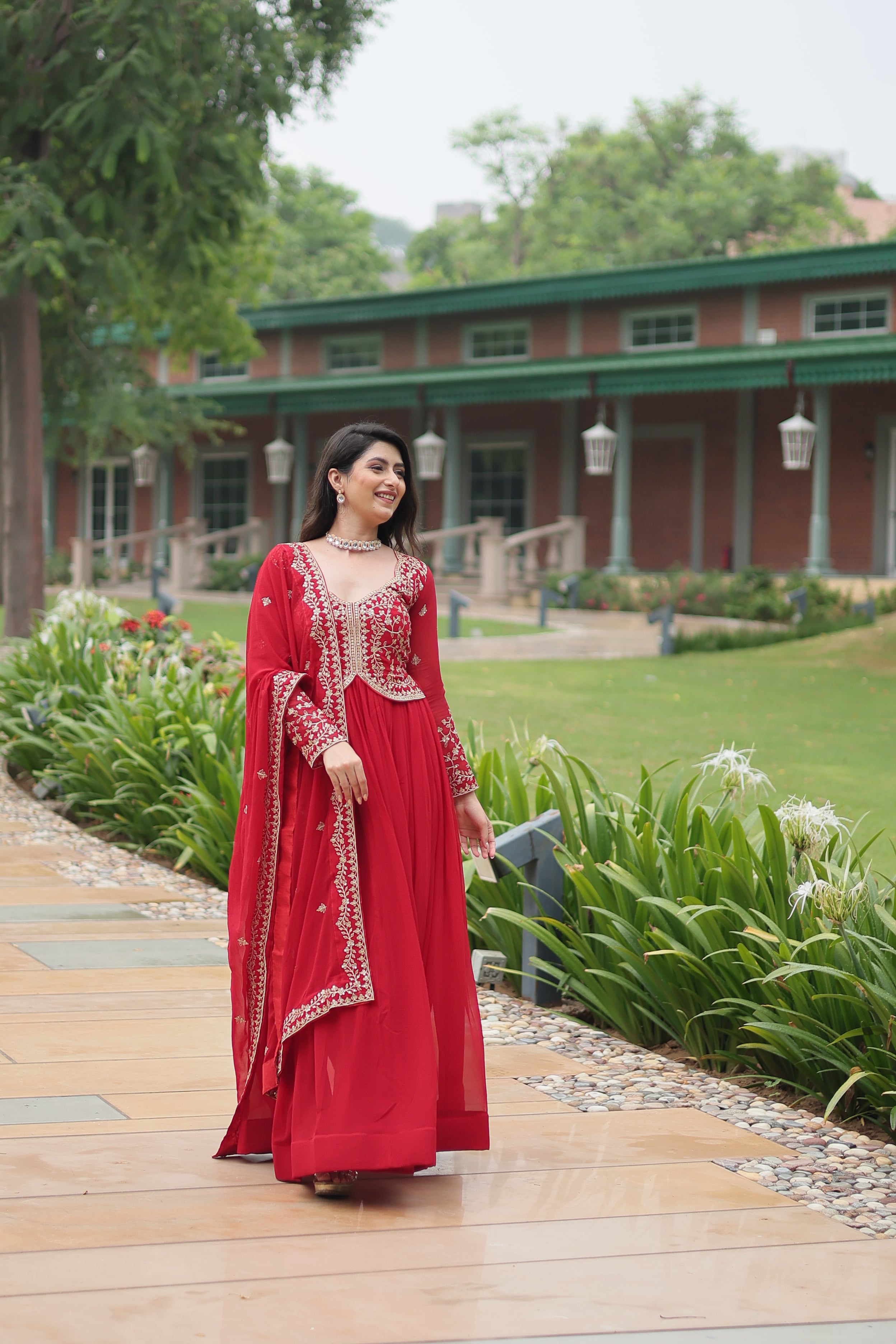 red georgette gown with dupatta 