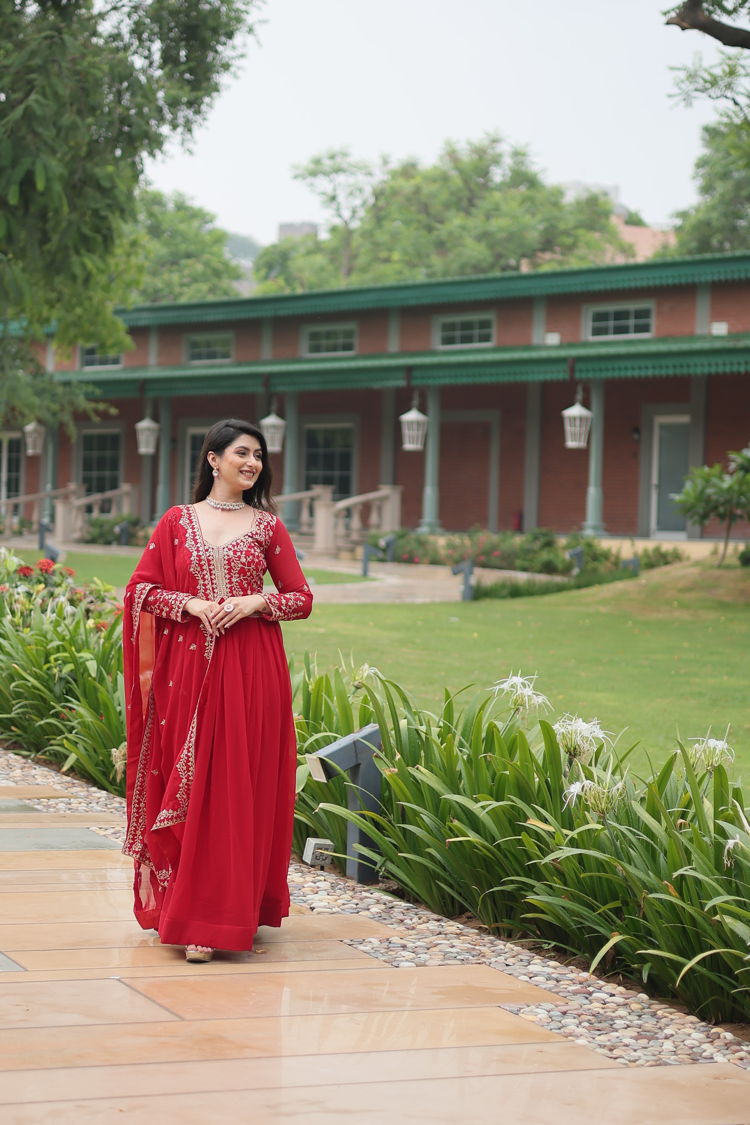red georgette gown with dupatta 