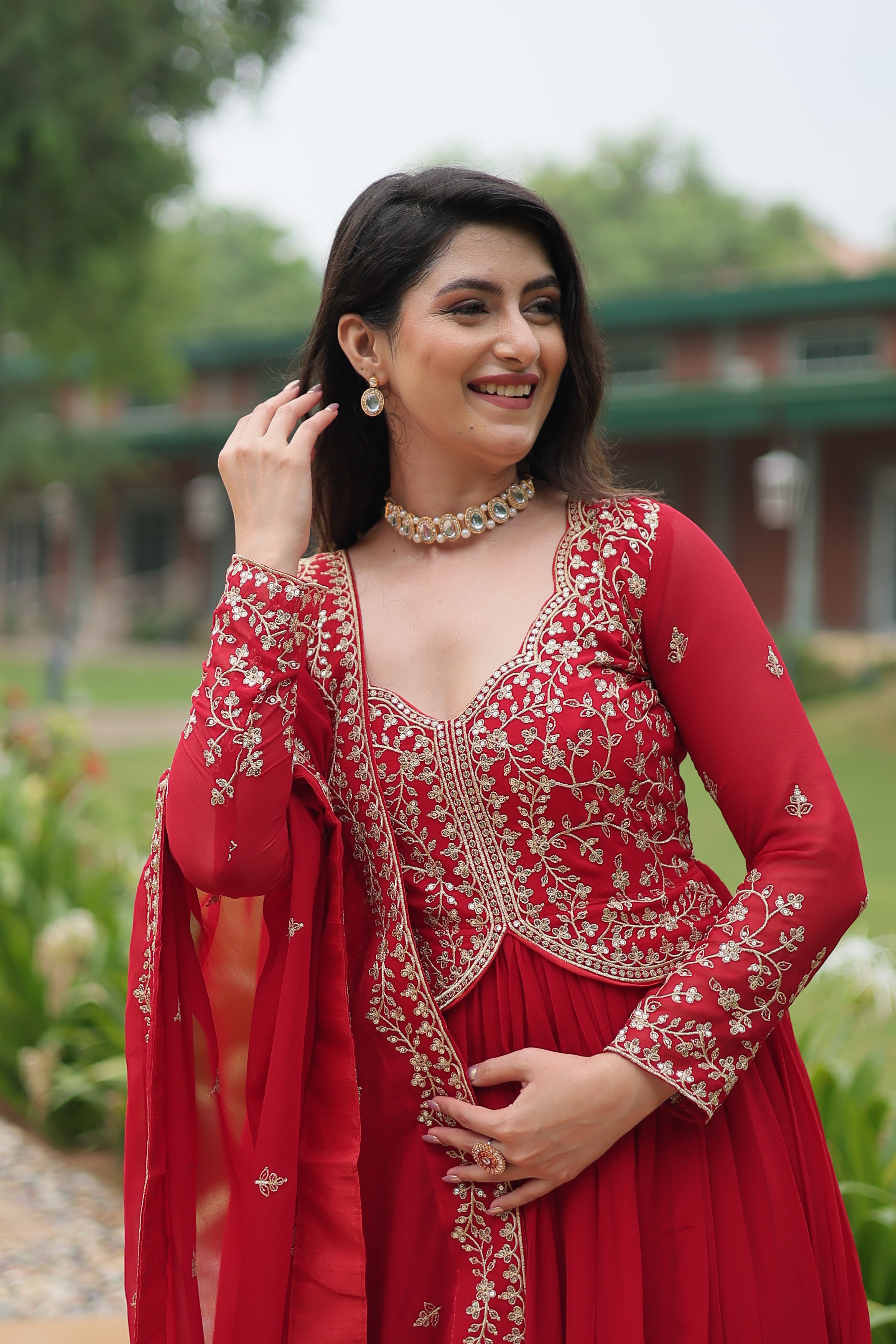 red georgette gown with dupatta 
