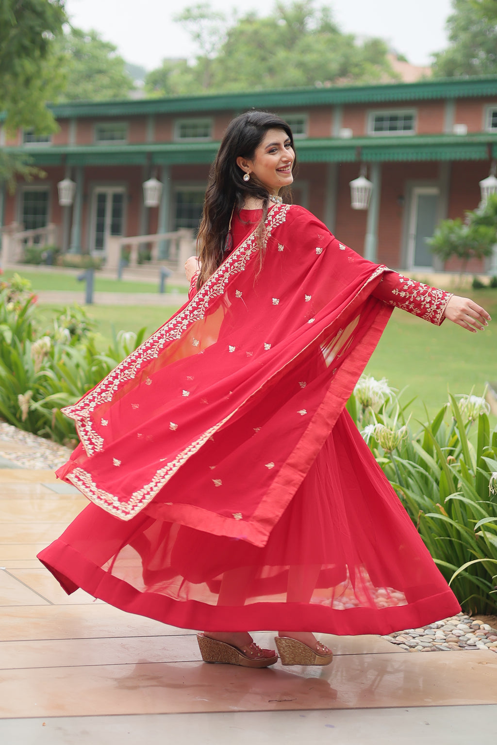 red georgette gown with dupatta 