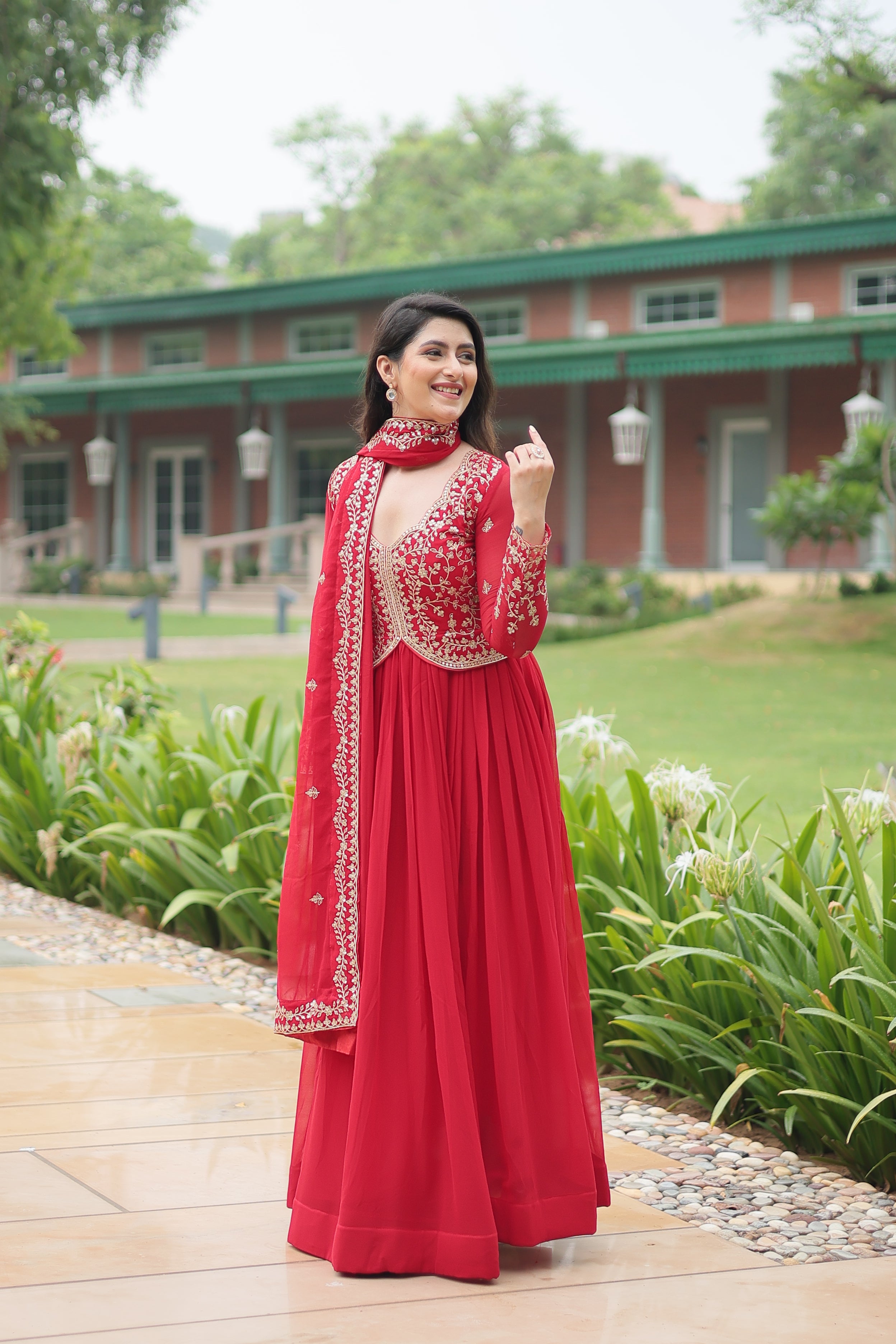 red georgette gown with dupatta main