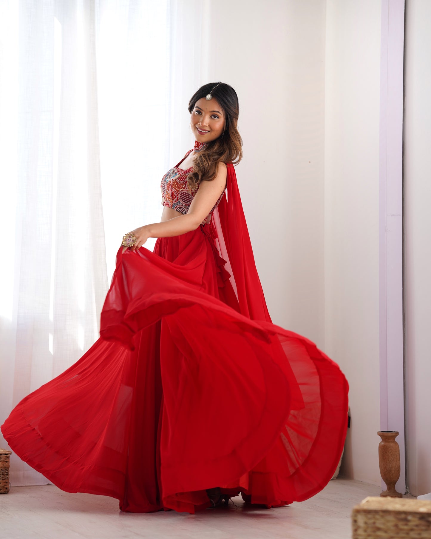red solid lehenga set for women 