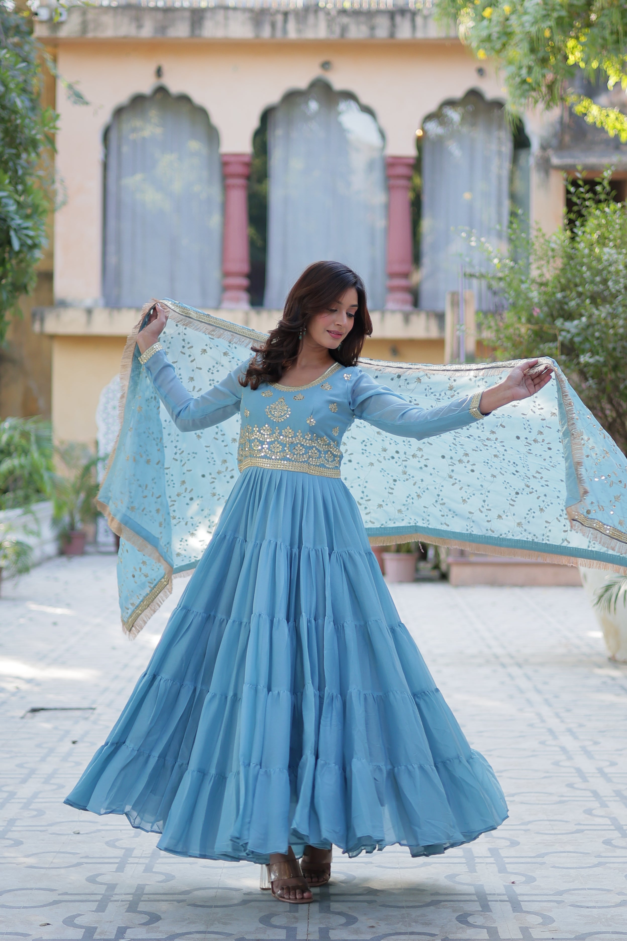 sky blue gown with dupatta 