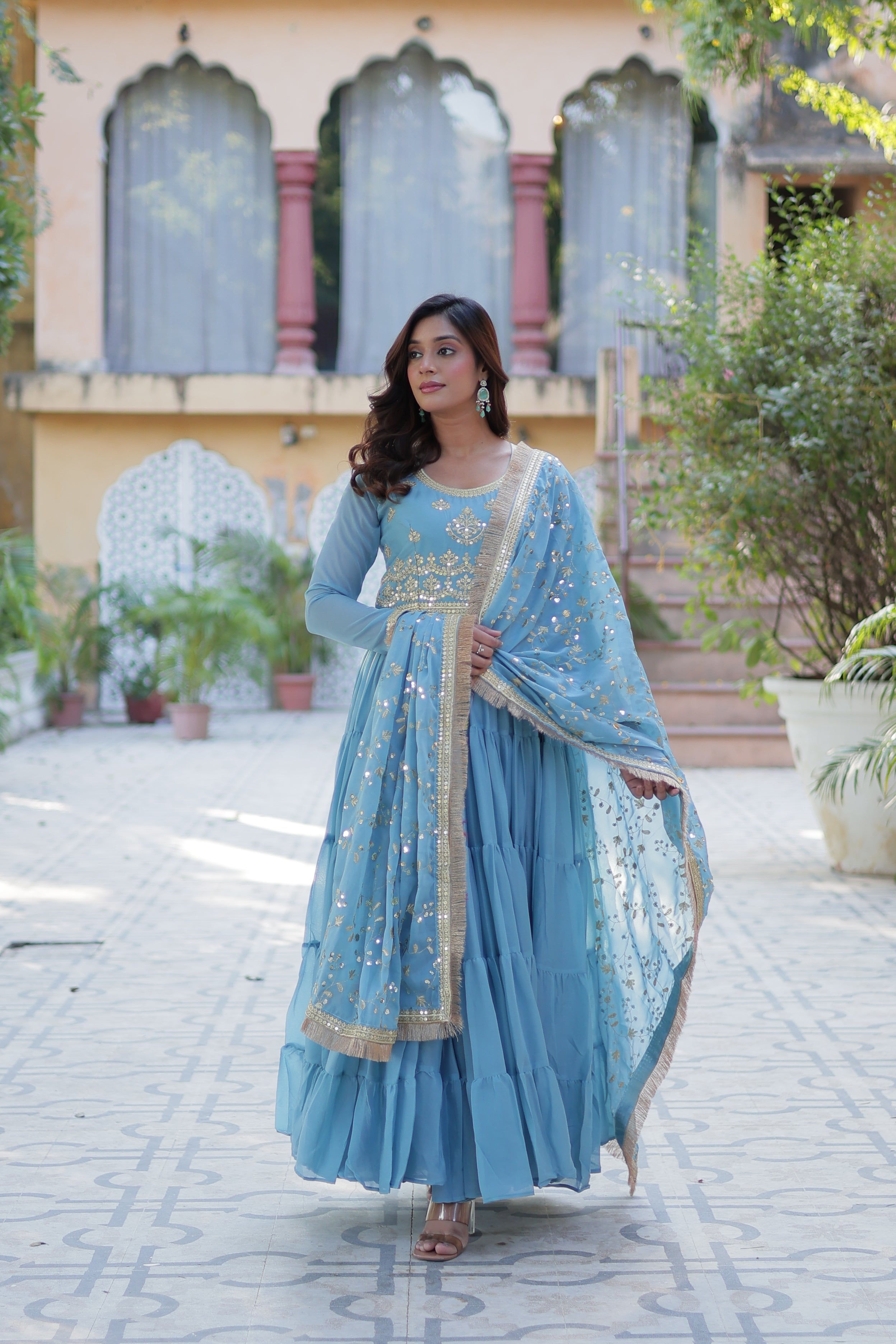 sky blue gown with dupatta 
