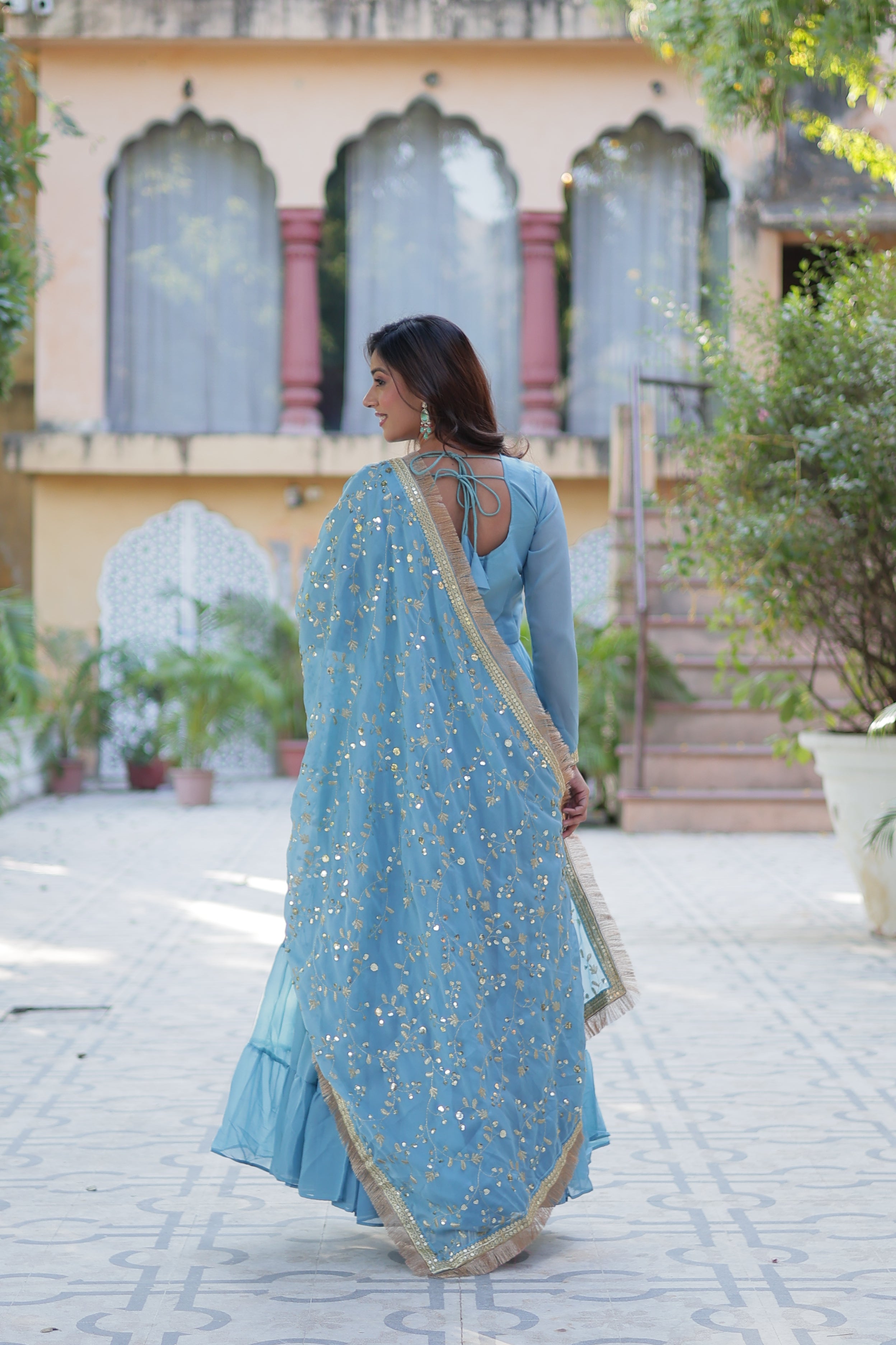 sky blue gown with dupatta 