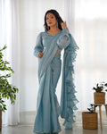 teal blue ruffle saree main
