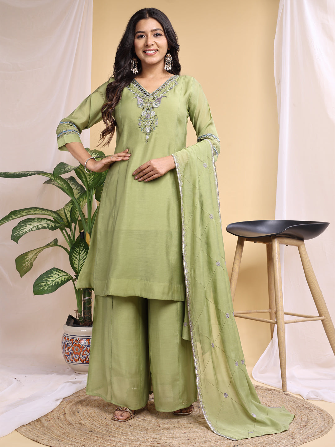 Pista Mal Cotton Embroidery With Hand Work Kurta Set