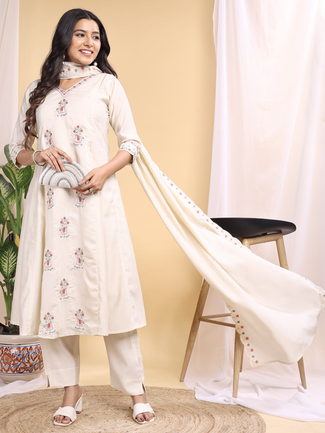 cream silk embroidery with hand work kurta set