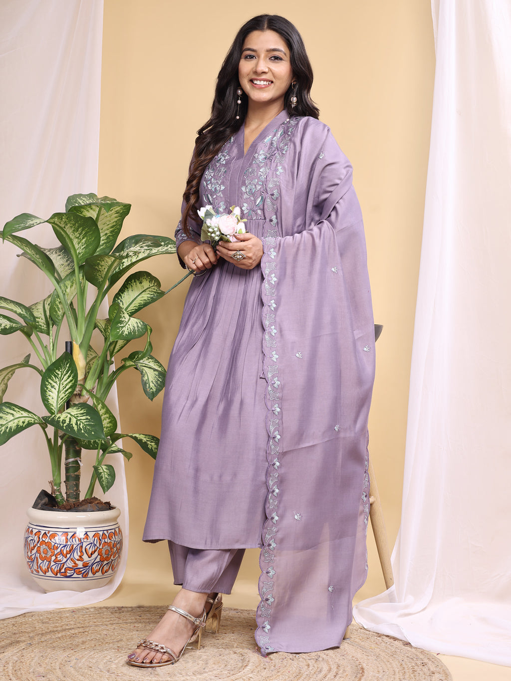 purple roman silk embroidery kurta set
