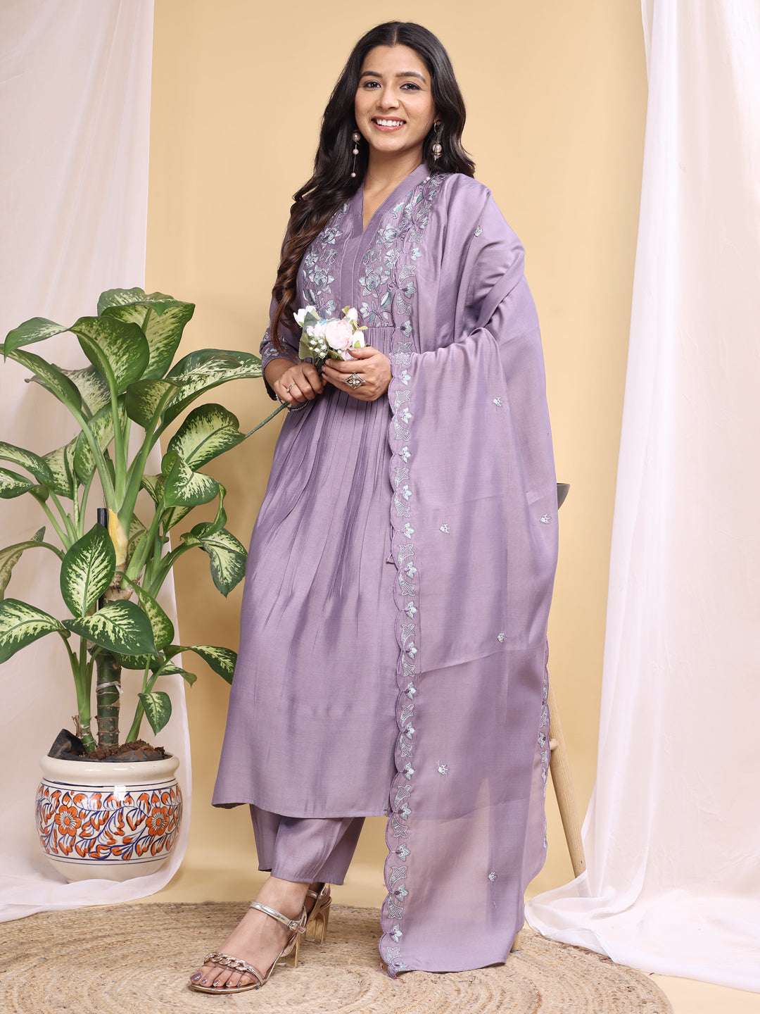 purple roman silk embroidery kurta set