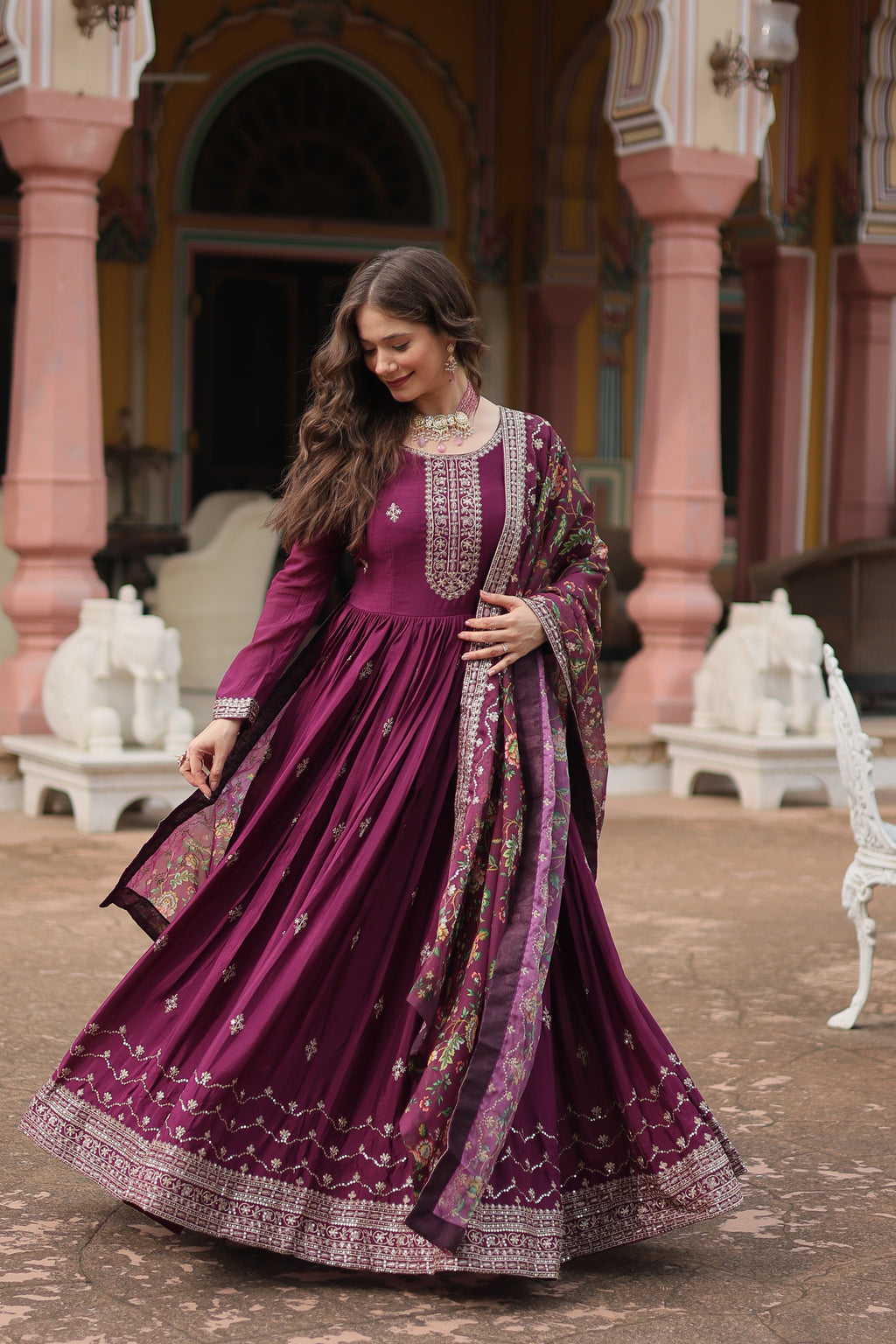 wine embroidered gown with dupatta 