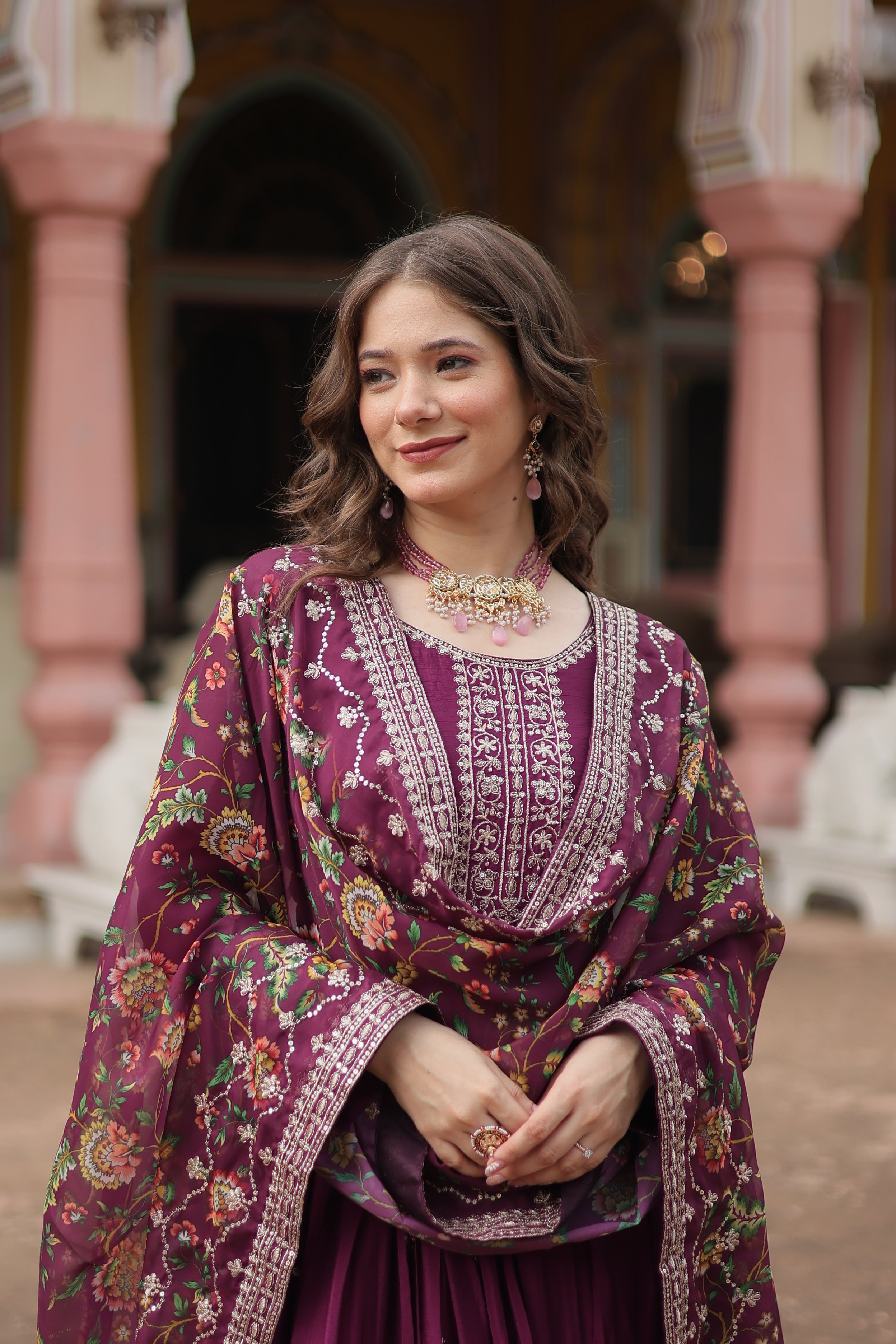 wine embroidered gown with dupatta 