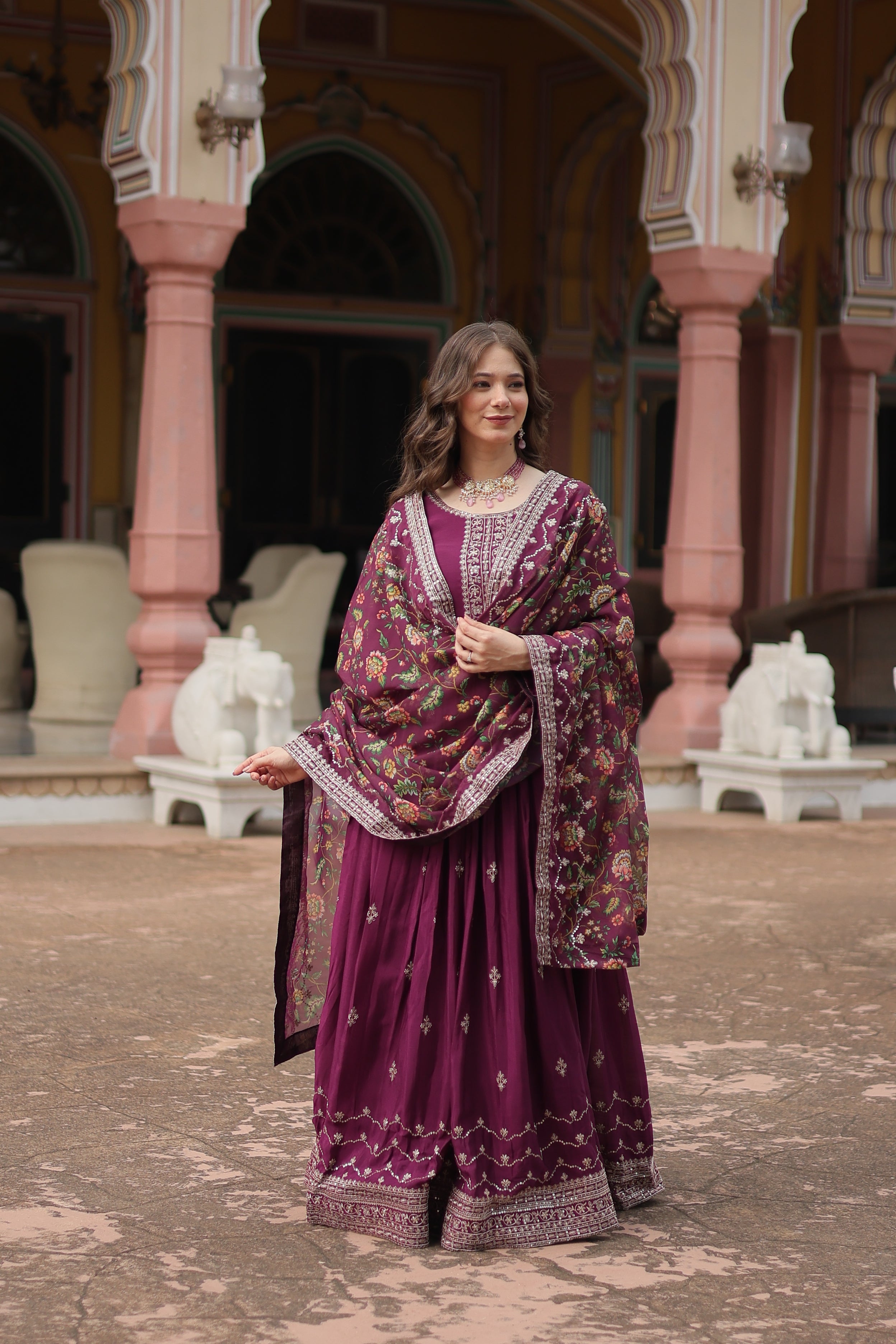 wine embroidered gown with dupatta 