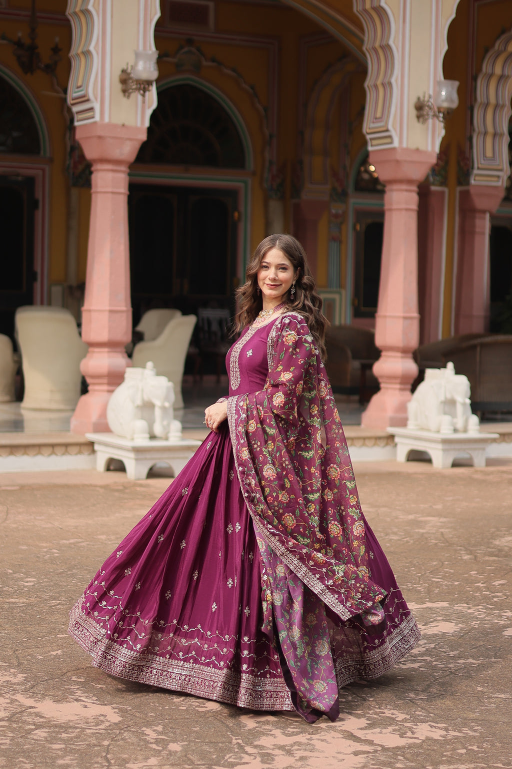 wine embroidered gown with dupatta 