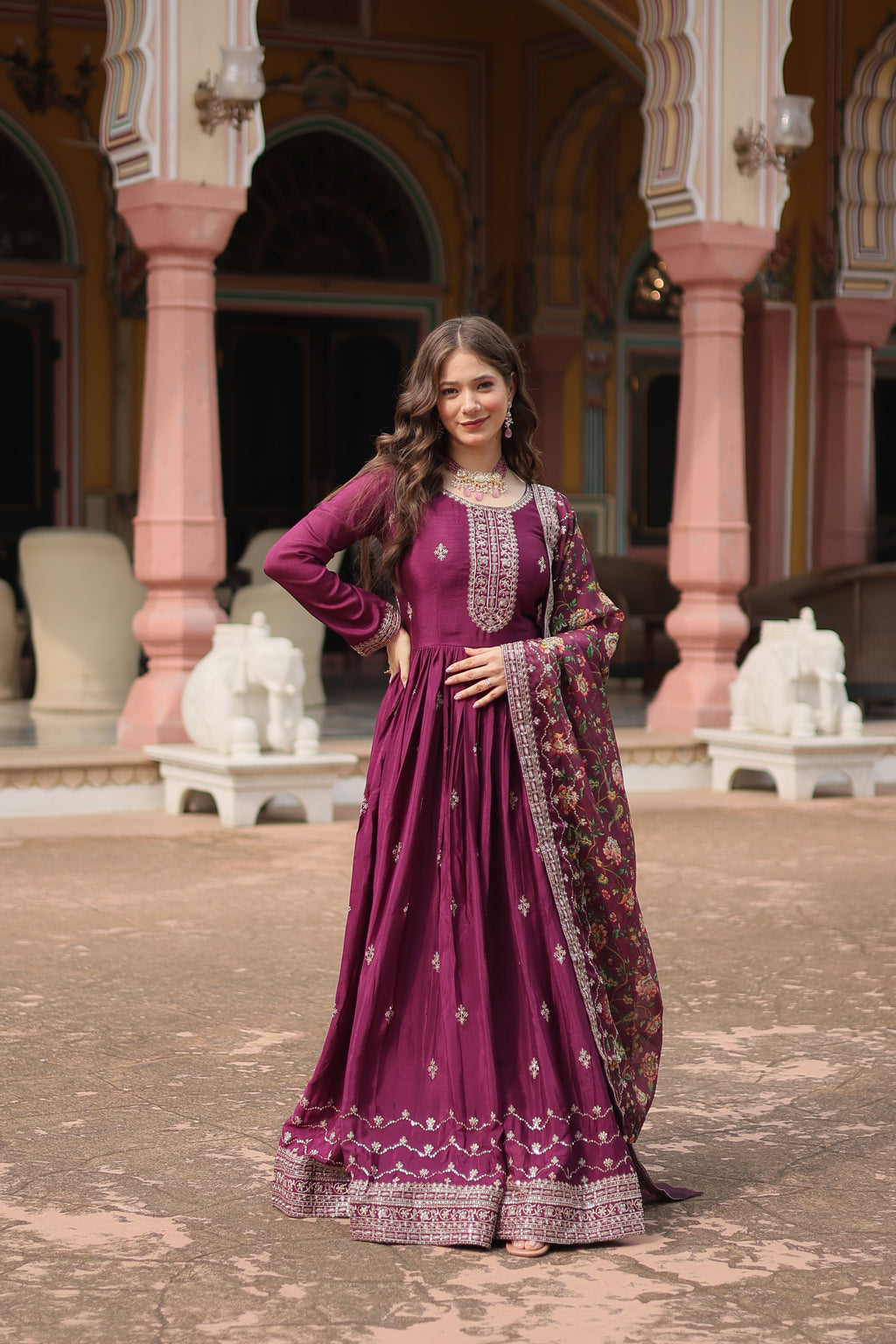 wine embroidered gown with dupatta 