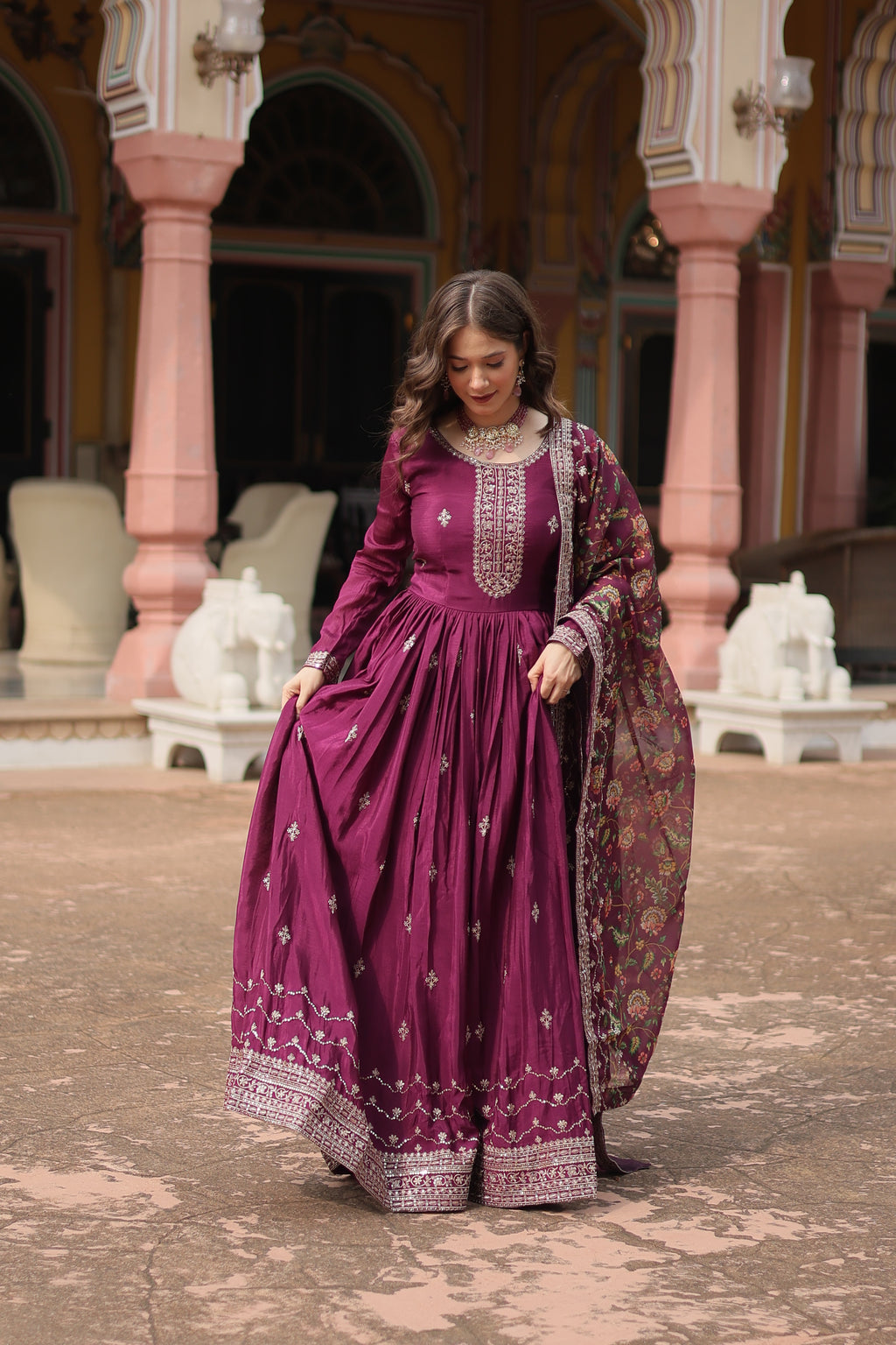 wine embroidered gown with dupatta main