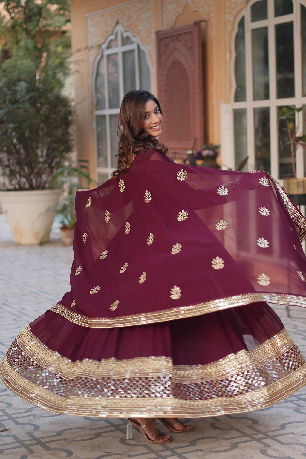 wine georgette embroidered gown with dupatta 