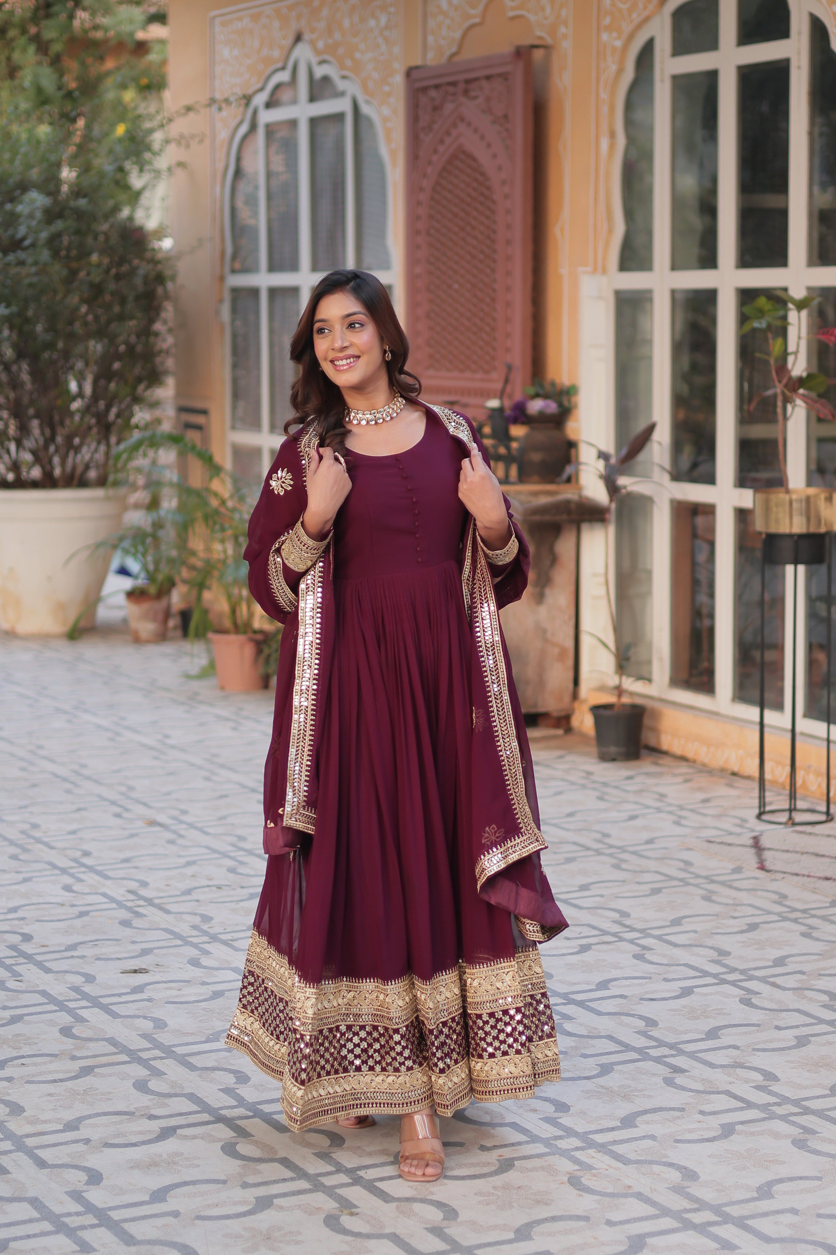 wine georgette embroidered gown with dupatta 
