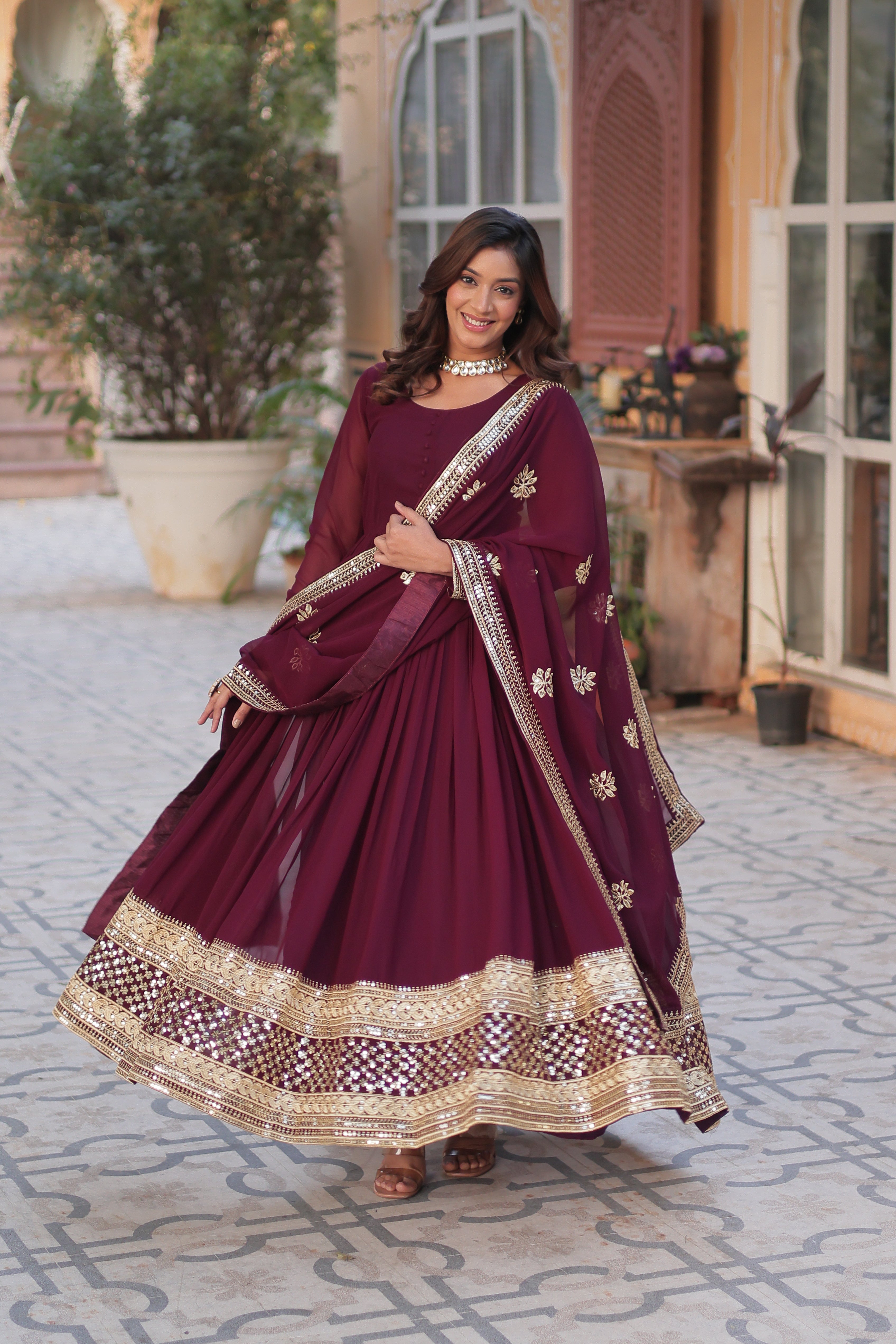wine georgette embroidered gown with dupatta 