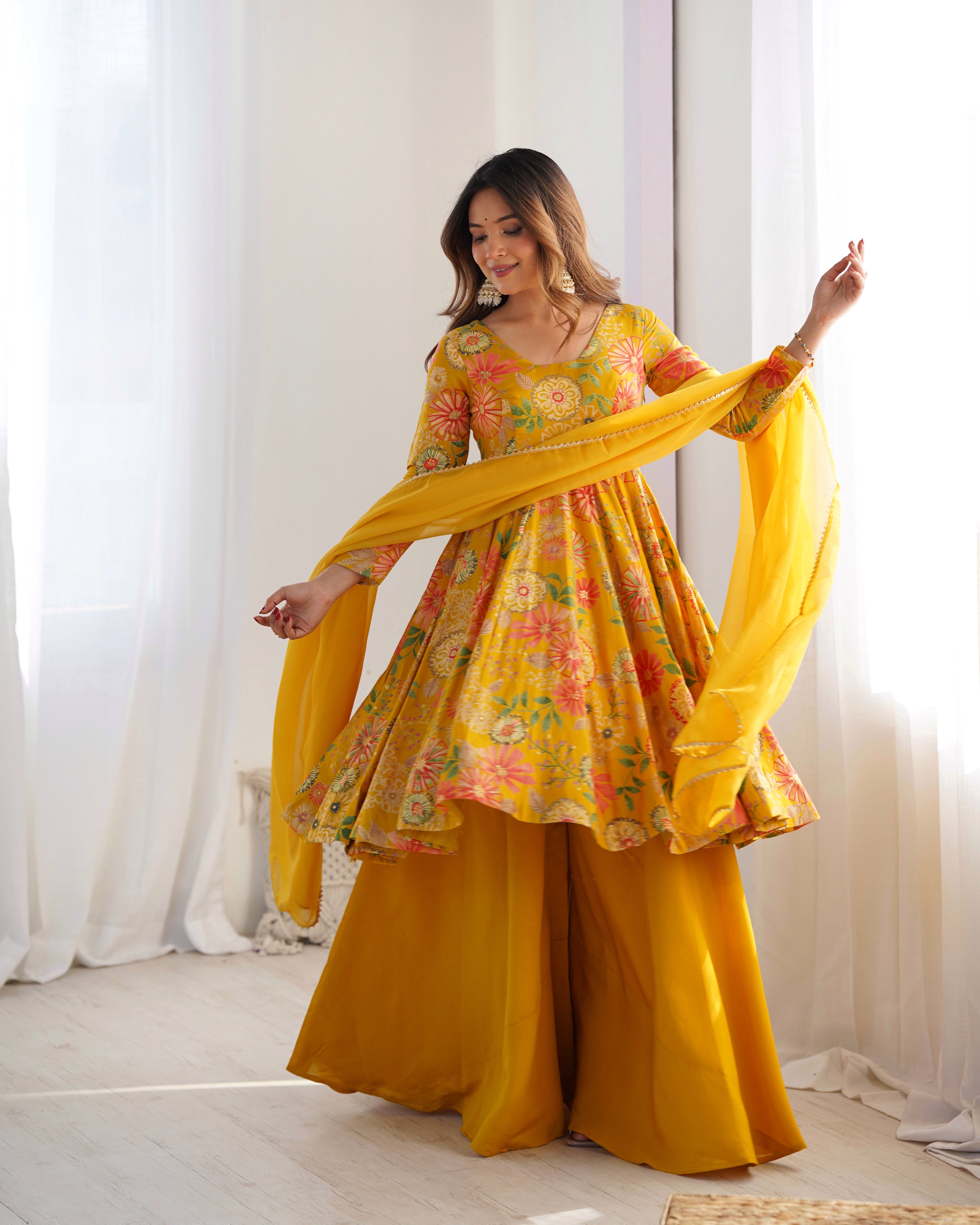 yellow anarkali kurta with palazzo 