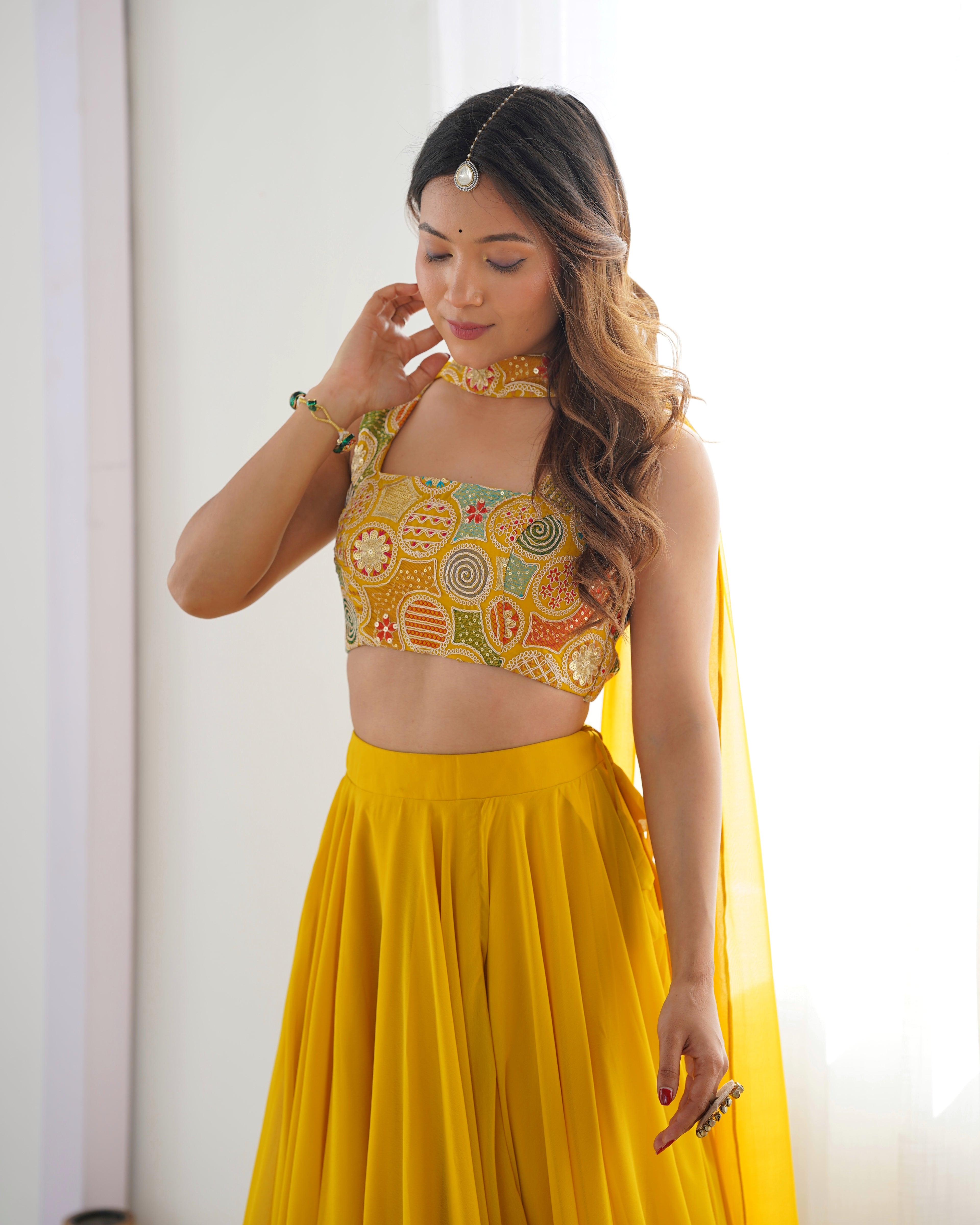 yellow solid lehenga set for women 