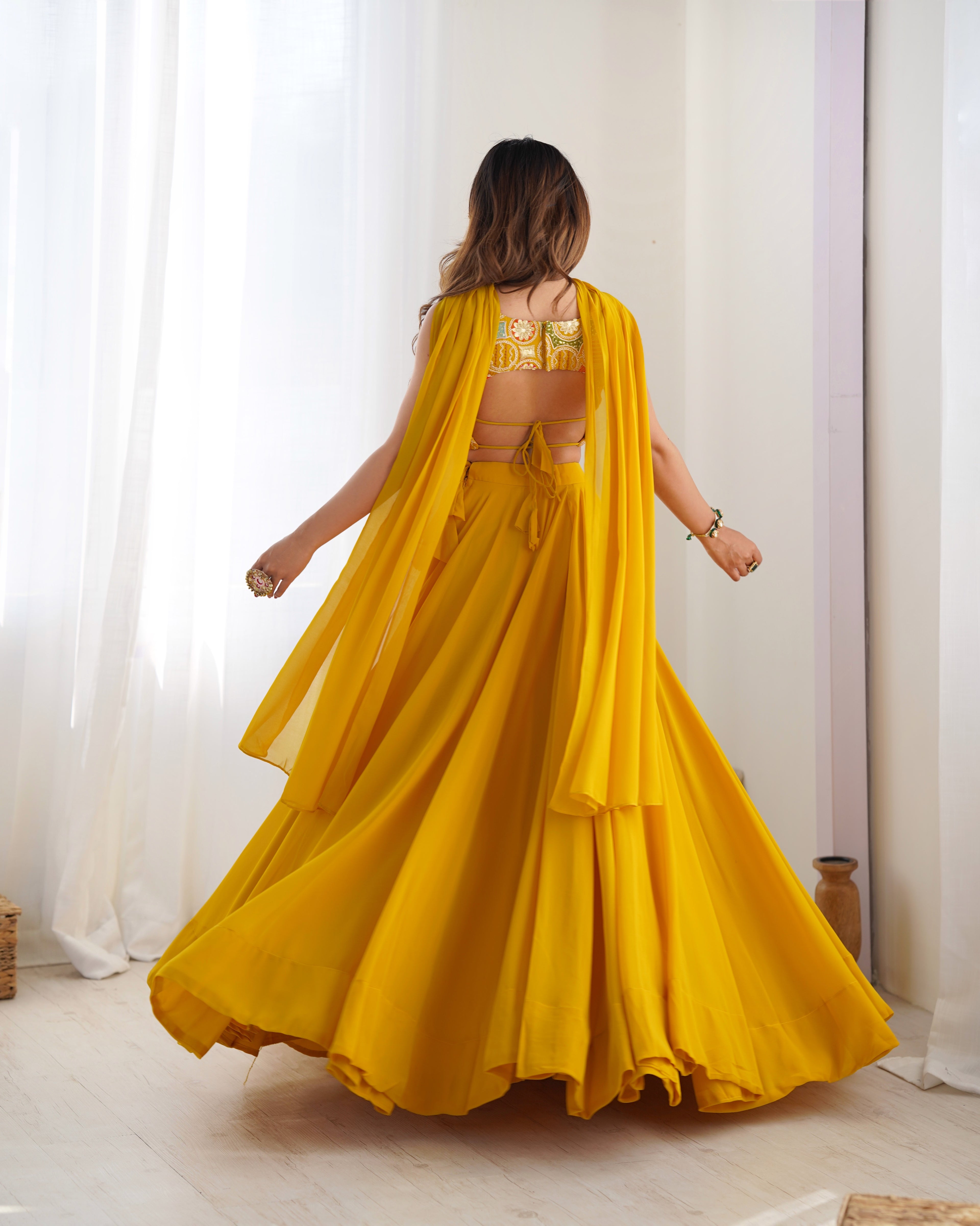 yellow solid lehenga set for women 